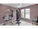 Home gym featuring weight machines, mirrored wall, and a ceiling fan with overhead lighting at 7800 Conifer Cir, Indian Trail, NC 28079