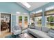 Light blue sunroom with access to the deck and neutral furniture for an open and airy space at 7800 Conifer Cir, Indian Trail, NC 28079
