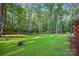 The spacious, tree-lined backyard features a fire pit, swing set, and wooded perimeter for added privacy at 8805 Deerland Ct, Huntersville, NC 28078