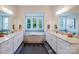Luxurious bathroom with double vanities, granite countertops, and a soaking tub nestled under a window at 15103 Cimarron Hills Ln, Charlotte, NC 28278