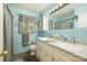 Charming blue bathroom featuring a double vanity, granite countertops, and an abundance of natural light at 19924 Floral Ln, Cornelius, NC 28031