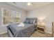Cozy bedroom with a queen-sized bed, plush gray bedding, a bright window, and a wooden bedside table at 2614 Ocracoke St, Charlotte, NC 28208