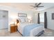 Bright bedroom featuring neutral paint, a ceiling fan, and a plush bed with a blue throw at 27092 Village Dr, Fort Mill, SC 29708