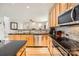 Close up of the kitchen, featuring stainless steel appliances, granite countertops, tile backsplash, and wood cabinets at 5832 Lagrande Dr, Charlotte, NC 28269