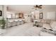 Open-concept living room with a kitchen bar, plush seating, and abundant natural light perfect for entertaining at 5832 Lagrande Dr, Charlotte, NC 28269