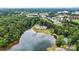 Stunning aerial shot of waterfront condos with a private dock on a picturesque lake surrounded by verdant trees at 860 Jetton St # 59, Davidson, NC 28036