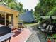 Private backyard with a brick patio, seating area, and lush landscaping at 9337 Four Mile Creek Rd # 101, Charlotte, NC 28277