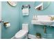 Cozy teal-colored powder room with sink, toilet, and decor at 10203 Loch Lomond Dr, Charlotte, NC 28278