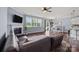 Living space with fireplace, large windows, ceiling fan, and connected dining and kitchen areas at 1569 Shannon Falls Dr, Fort Mill, SC 29715