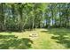 An expansive backyard offers a built-in stone firepit surrounded by lush greenery and mature trees at 316 Wade Hampton Dr, Matthews, NC 28104