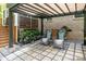 Outdoor patio area with a pergola, comfortable seating and lush hydrangea bushes at 322 Ethan Ln, Rock Hill, SC 29732
