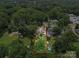 Neighborhood aerial view showing the property's location, with a large backyard, mature trees, and a swimming pool at 412 Dale Ave, Gastonia, NC 28052