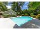 Backyard pool surrounded by lush greenery, offering a private retreat at 629 Wingrave Dr, Charlotte, NC 28270