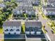 Aerial view showcasing the neighborhood layout with tidy rows of modern townhomes and green spaces at 7012 Bryce Ave, Charlotte, NC 28217