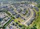 Overhead shot of gray townhome community with parking and pond on a sunny day at 7012 Bryce Ave, Charlotte, NC 28217