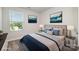 Stylish bedroom with blue accents, comfortable bed, and artwork, staged for appeal at 7012 Bryce Ave, Charlotte, NC 28217
