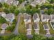 Aerial view of the neighborhood showcasing neatly maintained lawns and detached garages at 10349 Alvarado Way, Charlotte, NC 28277