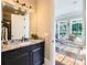 Bathroom featuring granite counters, dark cabinetry, and access to the sun room at 14041 Mccord Rd, Huntersville, NC 28078