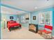 Bright bedroom featuring a red bed, coastal decor, and ample natural light from shuttered windows at 24756 Strand Dr, Albemarle, NC 28001