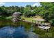 Picturesque lake view featuring docks, lush greenery, and beautifully landscaped properties at 24756 Strand Dr, Albemarle, NC 28001