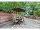 Charming outdoor patio with seating for six, a large umbrella, brick accents, and a private setting at 24756 Strand Dr, Albemarle, NC 28001
