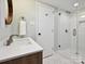 Modern bathroom features a beautiful vanity, oval mirror and a walk-in shower with tile and glass door at 327 Whitestone Rd, Charlotte, NC 28270