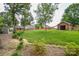 Spacious backyard featuring lush lawn, mature trees, storage shed, greenhouse and privacy fence at 4320 Atkinson Way, Monroe, NC 28110