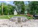 Beautiful backyard featuring a stone firepit area, a playset, an outbuilding and lush greenery at 5533 Murrayhill Rd, Charlotte, NC 28210