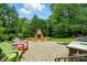 Inviting backyard oasis with stone patio, fireplace, and lush landscaping at 748 Land Fall Dr, Rock Hill, SC 29732