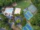 Aerial view of community amenities featuring a pool, tennis courts, and green spaces at 9622 Penshurst Trce, Charlotte, NC 28210
