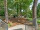Large backyard featuring mature trees and a play area with a trampoline at 9622 Penshurst Trce, Charlotte, NC 28210