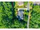 Aerial view of a property nestled among dense trees, showcasing its large backyard at 5008 Woodview Ln, Weddington, NC 28104