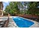 Backyard pool surrounded by lush landscaping, mature trees, and a brick wall, perfect for outdoor relaxation at 7213 Baniff Cir, Charlotte, NC 28277
