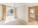 Dining area with chandelier and sliding glass doors to the deck with view of back yard at 2105 Florida Ave, Kannapolis, NC 28083
