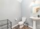 Modern half bathroom featuring a pedestal sink and wood-look flooring at 3561 Calpella Ct, Charlotte, NC 28262