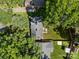 Aerial view of a property featuring a well-manicured lawn, privacy fence, and a detached garage at 5329 Valley Forge Rd, Charlotte, NC 28210