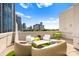 Wide angle view of a rooftop patio with an urban view, designer furniture, and turf at 715 N Church St # 513, Charlotte, NC 28202