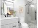 Modern bathroom with a gray vanity, stylish black fixtures, and a glass-enclosed shower, providing a clean and elegant space at 715 White Oaks Cir, Monroe, NC 28110