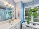 Bright bathroom featuring blue walls, white cabinets, and a window with hanging plants at 13600 Seastone Ln, Pineville, NC 28134