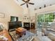 Comfortable living room area with vaulted ceiling, ceiling fan and fireplace at 13600 Seastone Ln, Pineville, NC 28134