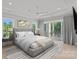 Spacious main bedroom with tray ceiling, balcony access, and a soothing color palette at 19329 Watermark Dr # 422, Cornelius, NC 28031