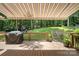 Backyard deck with an awning, grill, and steps leading to a lush green lawn surrounded by mature trees at 345 Beaten Path Rd, Mooresville, NC 28117