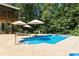 Backyard pool is surrounded by lush greenery, offering a private oasis for relaxation and recreation at 6184 Chandler Rd, Clover, SC 29710
