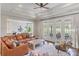 Relaxing living room with a tray ceiling, ceiling fan, and oversized seating area at 1032 Spyglass Ln, Waxhaw, NC 28173
