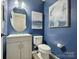 Stylish powder room featuring blue walls, vanity, oval mirror, and modern decor at 13314 Pontchatrain Ave, Charlotte, NC 28273