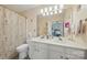 Bathroom featuring double sink vanity, flower curtain, and large mirror at 3247 Mannington Dr, Charlotte, NC 28270
