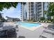 Condo rooftop pool has lounge chairs, tables and umbrellas at 333 W Trade St # 1106, Charlotte, NC 28202