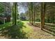 Lush backyard with mature trees, a fire pit, and storage sheds at 3500 Cedar Springs Sw Dr, Concord, NC 28027