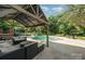 Inviting backyard oasis with a stylish gazebo, comfortable seating, and a refreshing swimming pool at 3500 Cedar Springs Sw Dr, Concord, NC 28027
