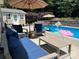 Backyard pool with patio furniture, a shed, inflatables, sun umbrellas, and well-maintained landscaping for outdoor enjoyment at 7700 Antique Cir, Waxhaw, NC 28173